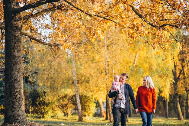 Familie mit der Babytochter, die in einen Herbstpark geht