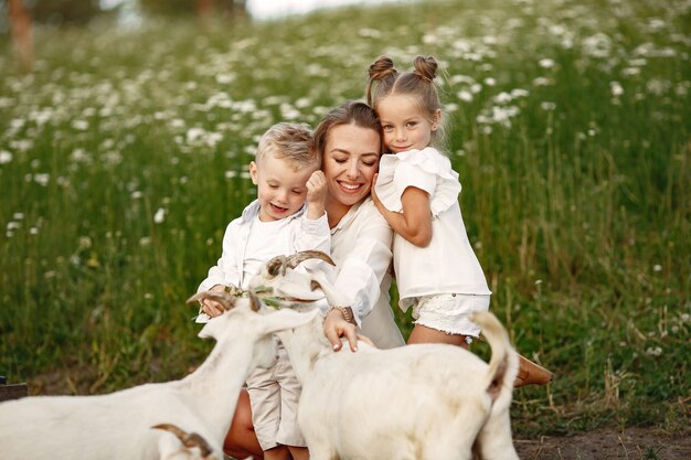 Familie verbringt Zeit im Urlaub im Dorf. Jungen und Mädchen spielen in der Natur. Die Leute gehen an die frische Luft.