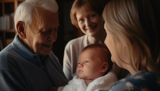 Familien mit mehreren Generationen lächeln sich an und umarmen sich, erzeugt durch KI