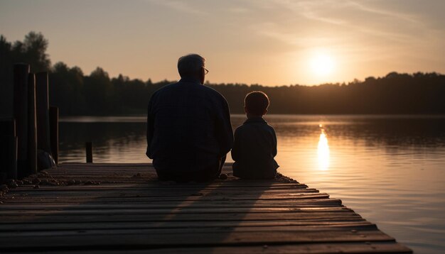 Familienbindung bei Sonnenuntergang auf einem ruhigen, von KI generierten Steg