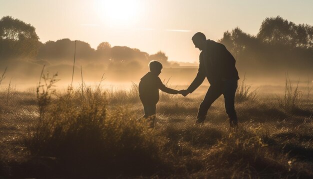 Familienbindung in der Natur Sonnenuntergang Silhouette Umarmung generiert von AI