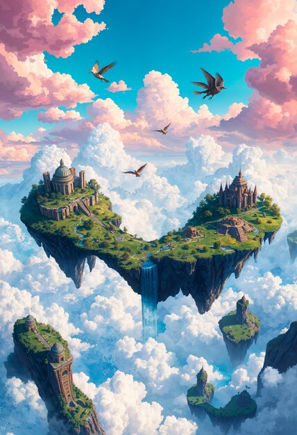 Fantasie-Landschaft von schwimmenden Inseln Illustration