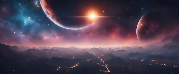 Kostenloses Foto fantasy-landschaft mit planeten und sternen 3d-rendering computer-digitale zeichnung