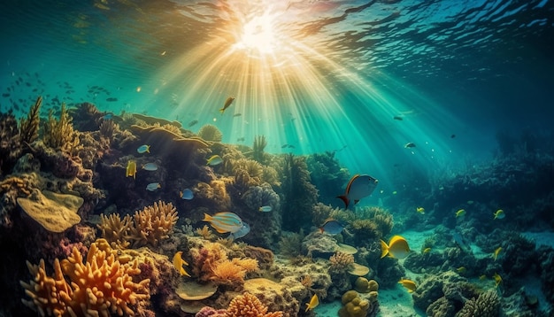 Farbenfrohes Meeresleben schwimmt in einem von KI erzeugten tropischen Riff