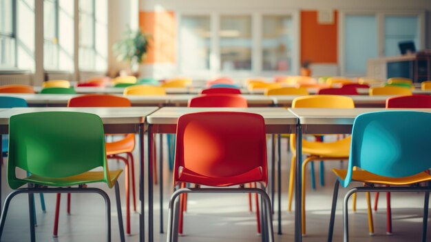 Farbige Stühle umgeben die Tische in einem hellen, lebendigen Klassenzimmer