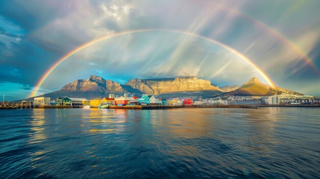 Kostenloses Foto farbiger regenbogen auf dem himmel über der naturlandschaft