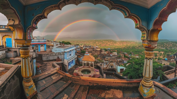 Kostenlose Foto farbiger regenbogen auf dem himmel über der naturlandschaft