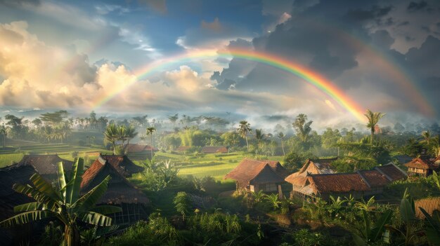 Farbiger Regenbogen auf dem Himmel über der Naturlandschaft