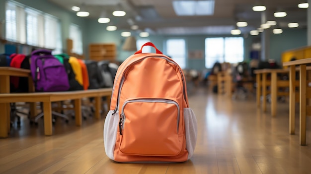 Farbiger Rucksack, der für die Schule in einem Klassenzimmer bereit ist
