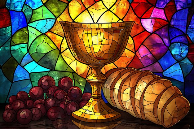 Farbiges Buntglas mit einer Heiligen Kommunionsszene