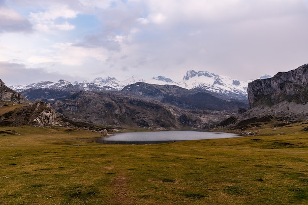 Faszinierende Aussicht auf die Berge und Felsen, die sich im Wasser auf dem Feld spiegeln