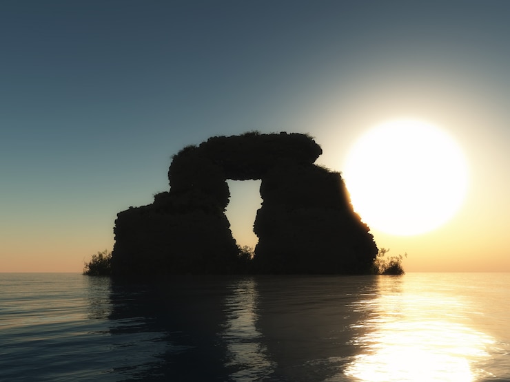 Kostenlose Foto felsformation 3d im meer gegen sonnenunterganghimmel