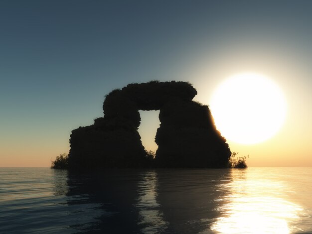 Felsformation 3D im Meer gegen Sonnenunterganghimmel