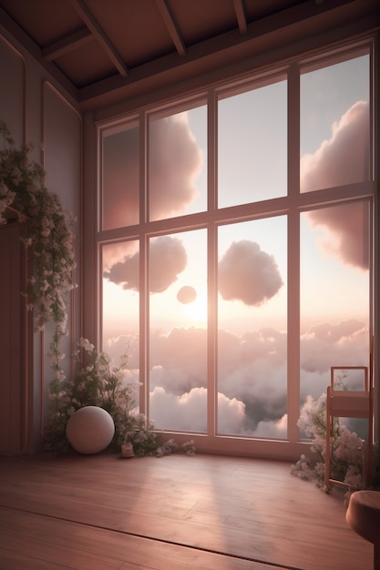 Kostenloses Foto fenster im zimmer mit surrealer und mystischer aussicht