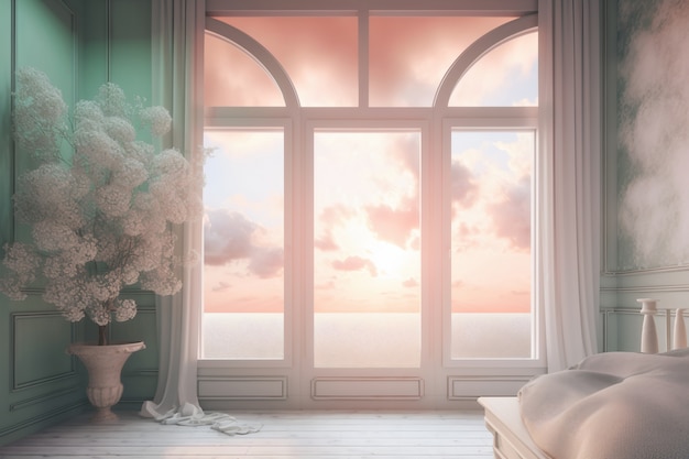 Fenster im Zimmer mit surrealer und mystischer Aussicht