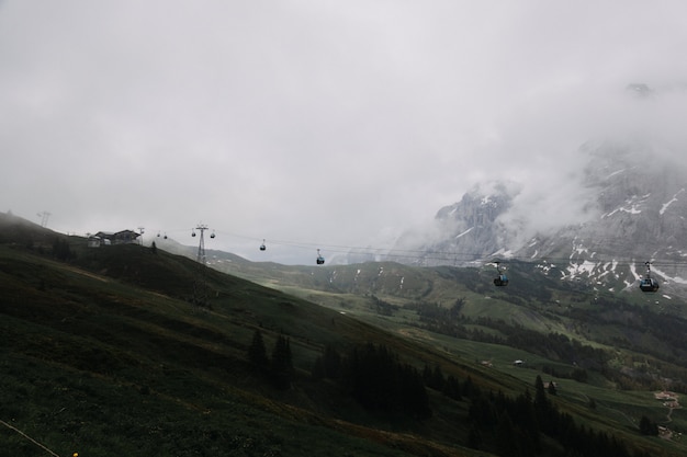 Ferne Aufnahme einer Seilbahn in der Nähe von Bergen, umgeben von Bäumen