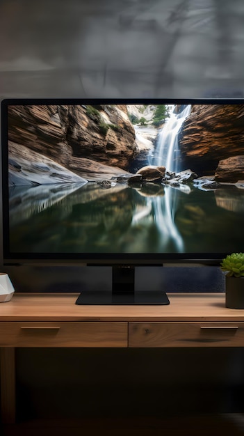 Kostenloses Foto fernseher auf dem hölzernen tisch im wohnzimmer mit schönem wasserfallhintergrund