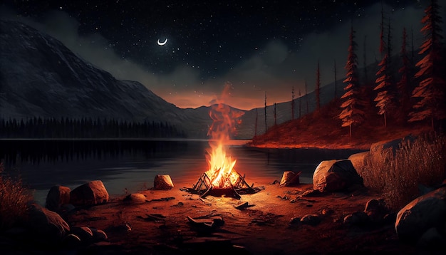 Feuer Natur Lagerfeuer Nacht Lagerfeuer Flamme Wald im Freien von KI erzeugt