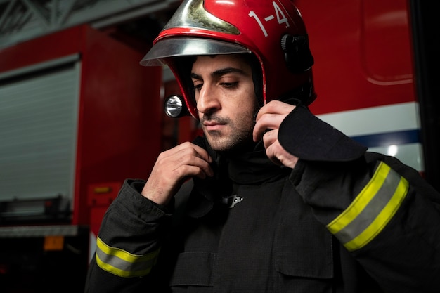 Kostenloses Foto feuerwehrmann bereit für seinen einsatz