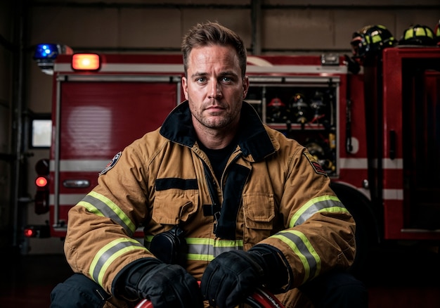 Feuerwehrmann vor einem Feuerwehrwagen.