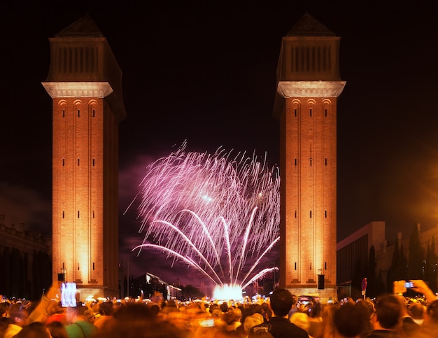 Feuerwerk in der Nacht. Barcelona, ​​Spanien