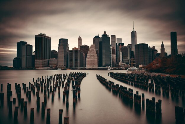 Finanzviertel von Manhattan mit Wolkenkratzern und verlassenem Pier über dem East River.