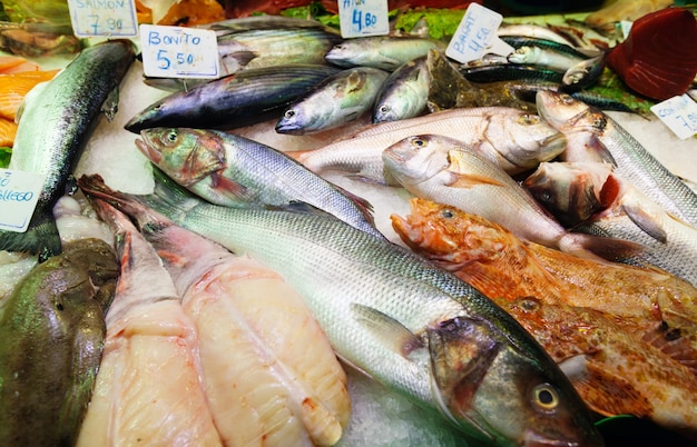 Kostenloses Foto fisch auf spanischen marktzähler