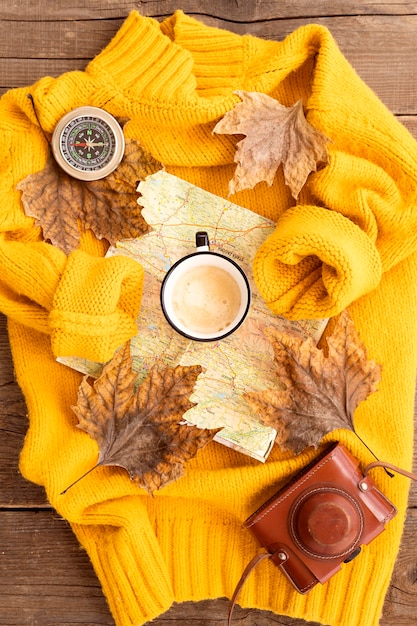 Flach liegende Herbstelementanordnung auf Pullover