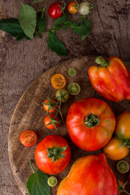 Flache Anordnung von Tomaten und Paprika