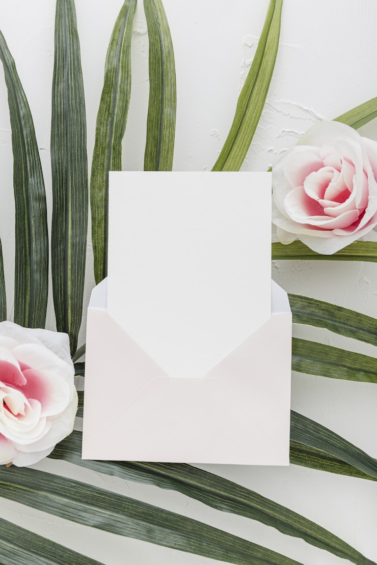 Kostenlose Foto flache lage der hochzeitseinladung mit rosen