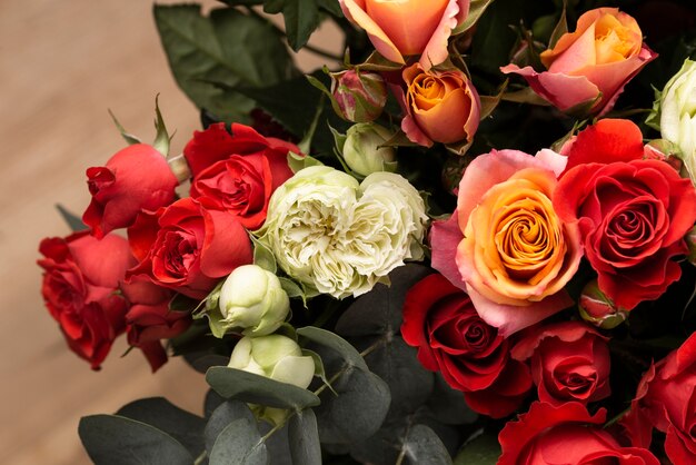 Flache Lage wunderschön geblühter bunter Rosenblüten