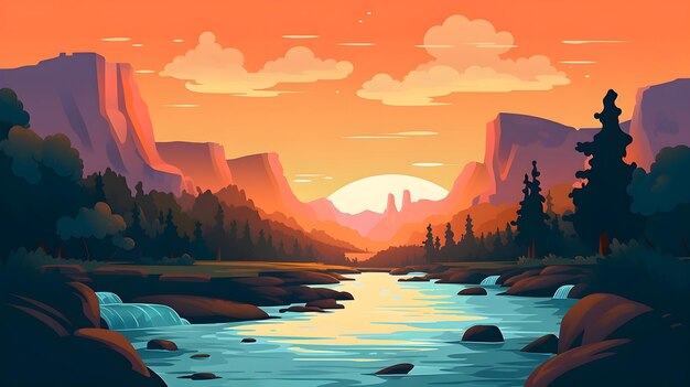 flacher Vektor der WALD-Sonnenuntergang-Fluss-Illustration