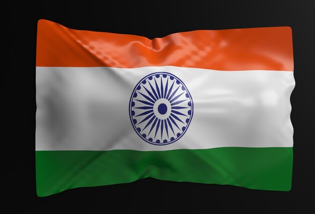 Flagge von Indien auf schwarzem Hintergrund, 3D-Render-Illustrationsillustration