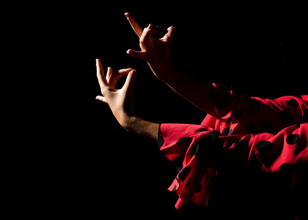 Flamencatänzer, der Hände auf schwarzem Hintergrund zeigt