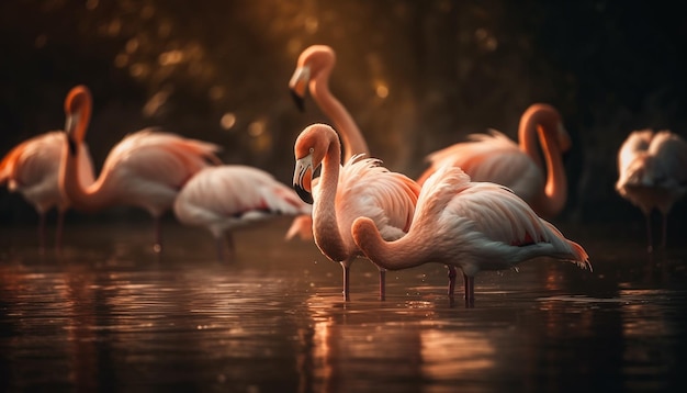 Flamingos, die in einer ruhigen rosa teichreflexion waten, die von ki erzeugt wird