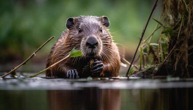 Flauschige Nutria, die Gras am Teich frisst, erzeugt durch KI