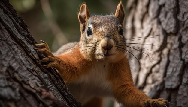 Flauschiges Eichhörnchen, das an Eicheln in einem von KI generierten Baum knabbert