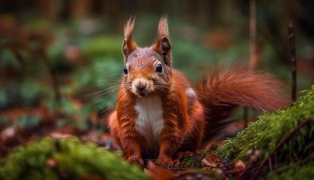 Flauschiges graues Eichhörnchen, das auf einem von KI erzeugten Ast sitzt