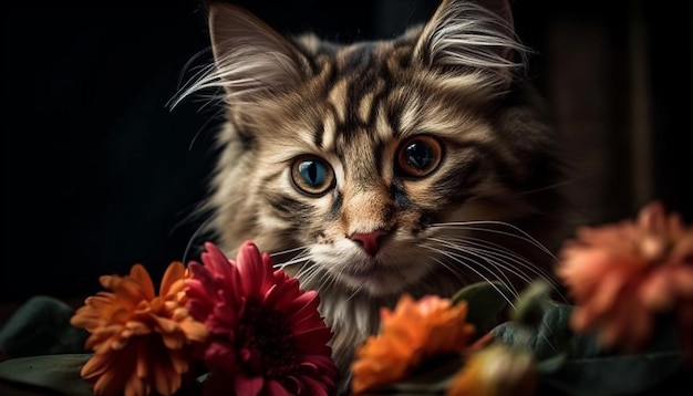 Flauschiges Kätzchen, das auf einem von KI generierten Blumenfeld posiert