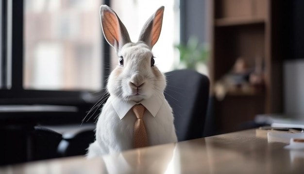 Kostenloses Foto flauschiges kaninchenbaby, das auf einem von ki generierten holztisch sitzt