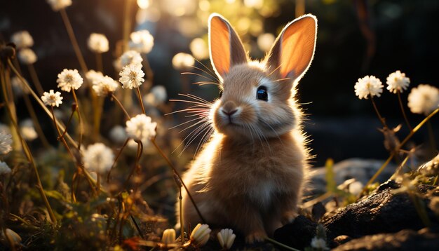 Flauschiges Kaninchenbaby sitzt auf einer grünen Wiese und genießt die durch künstliche Intelligenz erzeugte Naturschönheit
