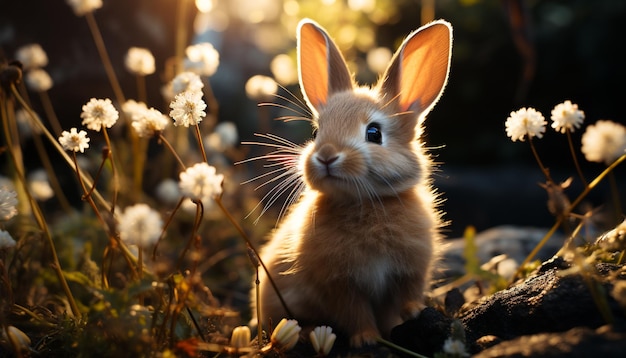 Flauschiges Kaninchenbaby sitzt auf einer grünen Wiese und genießt die durch künstliche Intelligenz erzeugte Naturschönheit