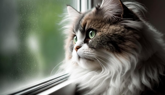 Flauschiges persisches Kätzchen starrt aus dem von KI generierten Autofenster