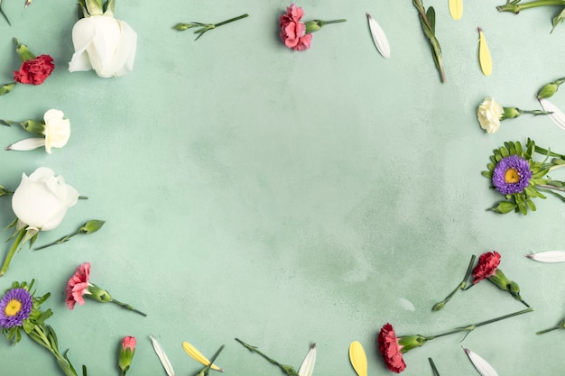 Flay lag Rahmen von Nelkenblumen mit Kopienraum