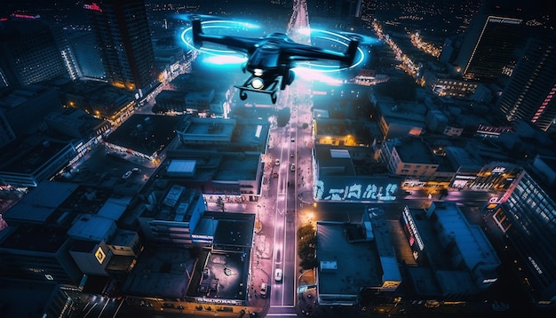 Fliegende Autos beleuchten die Skyline moderner Städte in der Abenddämmerung, die von KI generiert werden