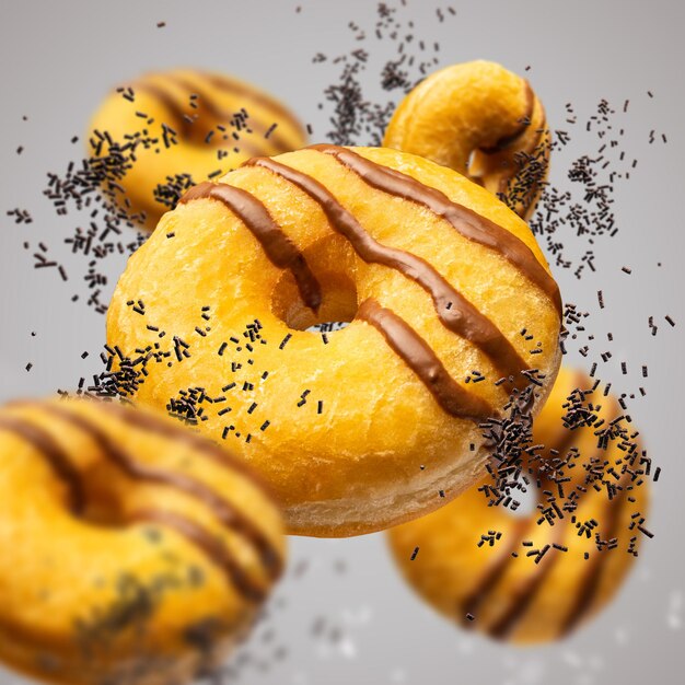 Fliegende köstliche klassische Donuts, süßes Fast-Food-Konzept in Bewegung