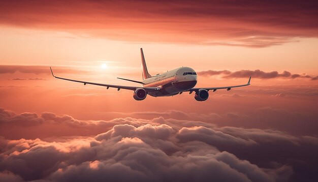 Fliegendes Verkehrsflugzeug, das bei Sonnenuntergang startet, mit dramatischem, von KI erzeugtem Himmel