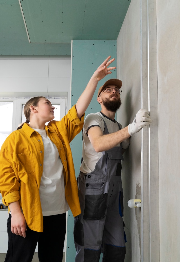 Kostenlose Foto fliesenleger arbeitet an der renovierung der wohnung