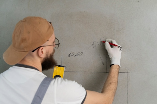 Kostenloses Foto fliesenleger arbeitet an der renovierung der wohnung