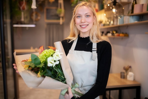 Floristin, die einen schönen Blumenstrauß hält